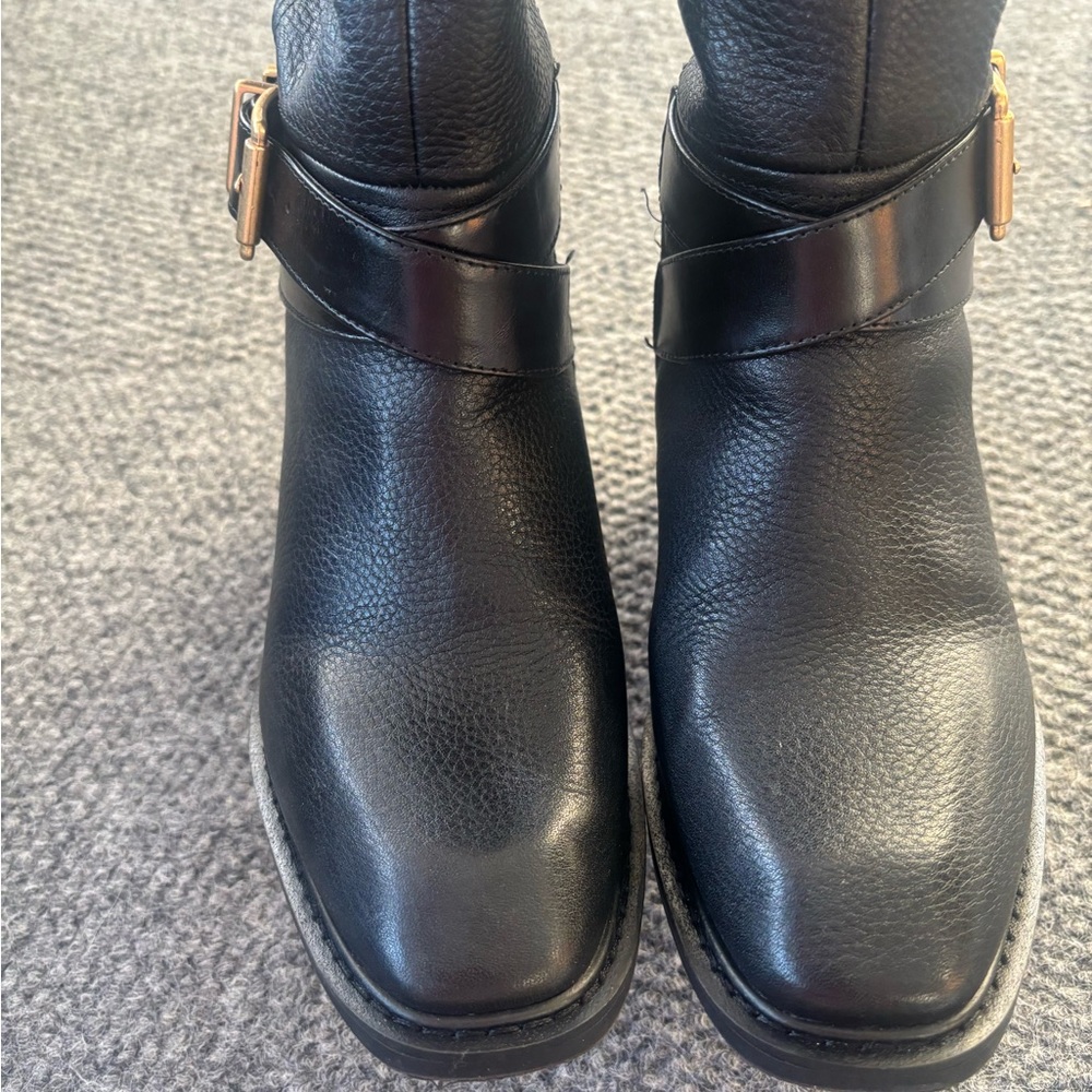 Vince Camuto Black Heeled Boots with Gold Buckle - Picture 3 of 5